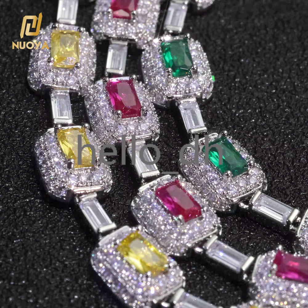 Iced Out Silver Plated Multicolored Baguette Diamond Chain Bracelet Micro Pave moissanite Womens Fashion Jewelry Gift