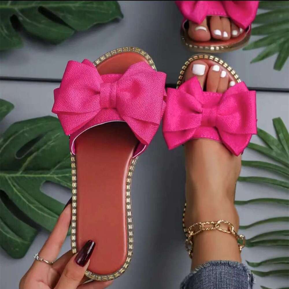 Free shipping New Flat Rhinestone Bowknot One-Strap Sandals Women, Solid Color Lightweight Fabric Slippers for Outdoor Wear