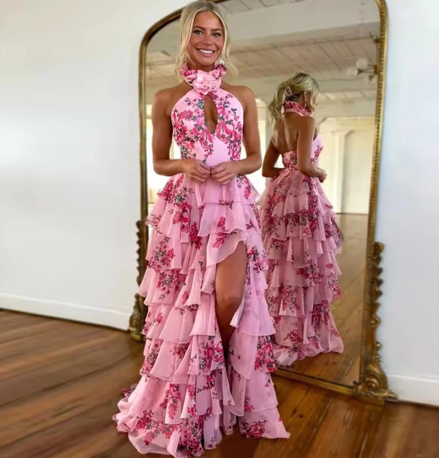 2026 Modest Pink Formal Evening Dress Halter Sleeveless Open Back Silt Flower Print Chiffon Long A-Line Prom Pageant Party Gowns Birthday Robe De