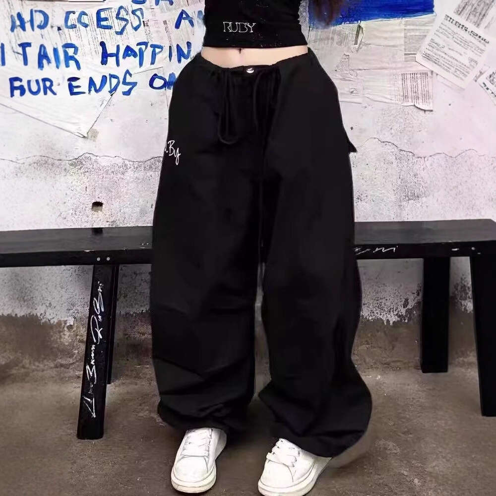 Letter Black Paratrooper For Women High Street Fashion Loose Slimming Versatile Scimitar Wide-Leg Casual Long Pants B5