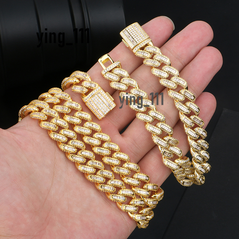 Hip Hop Jewelry Direct Wholesale 12mm 18K Gold Plated Brass AAAAA Baguette Moissanite Diamond Iced Out Cuban Link Chain Necklace