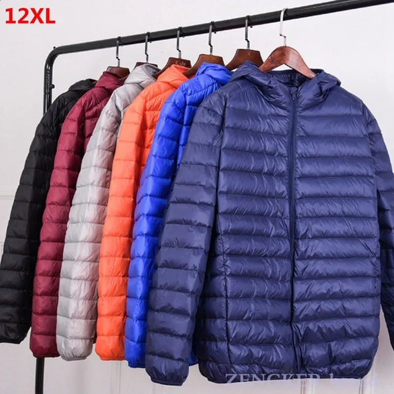 Super size thin and light hooded mens down jacket large size coat man puffer plus size winter jacket men 12XL 11XL 13XL 14XL 250819