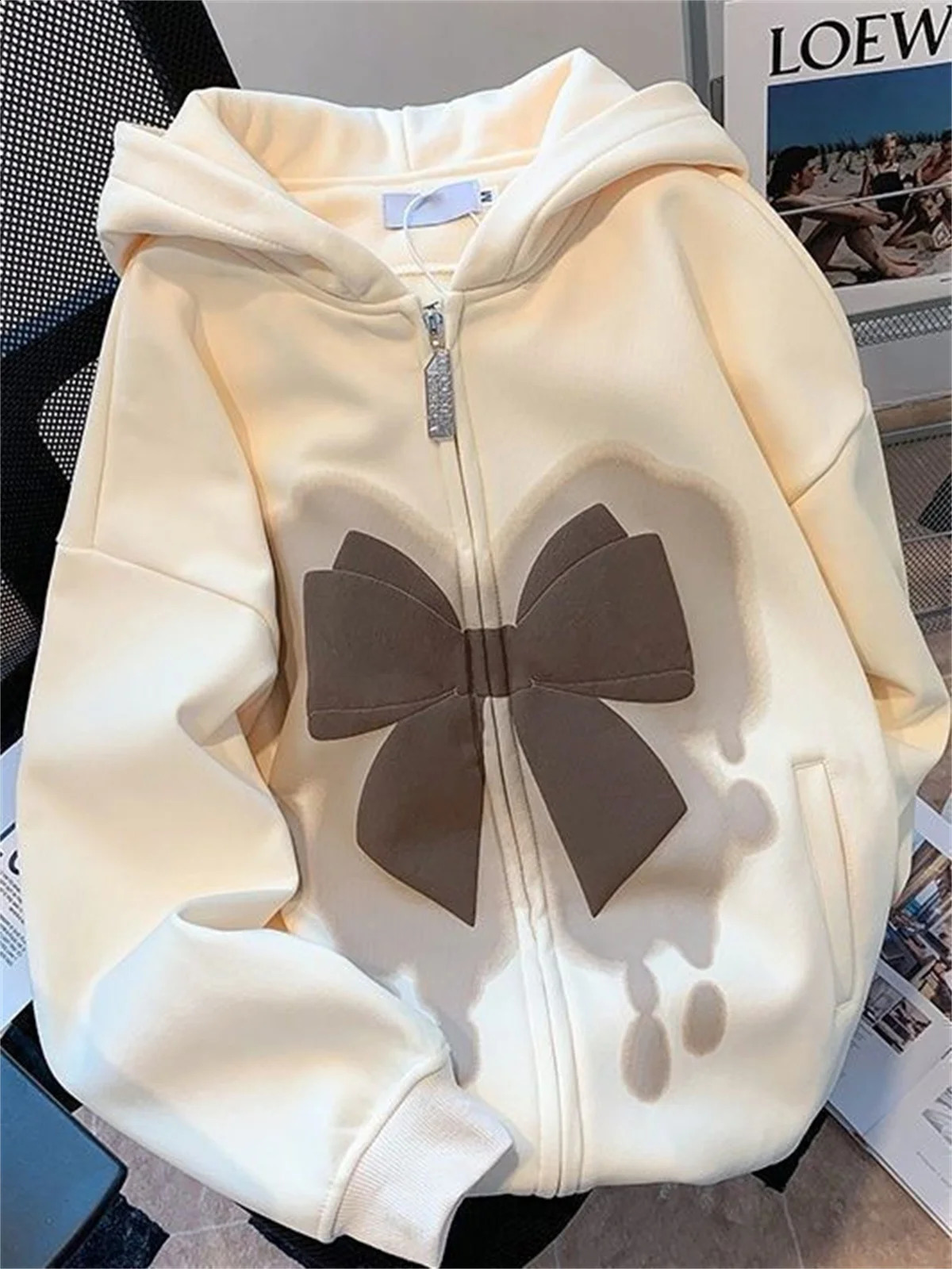 Cute Zipper Bow Print Hooded Spring And Autumn Thin Collection Fashion Trends Versatile Casual Lazy Wind 250820
