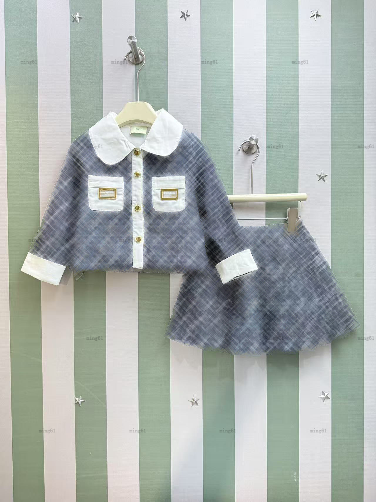 Brand girls dress denim Gold button decoration Princess dress kids designer clothes White baby doll collar baby jacket and skirt A087X03N033