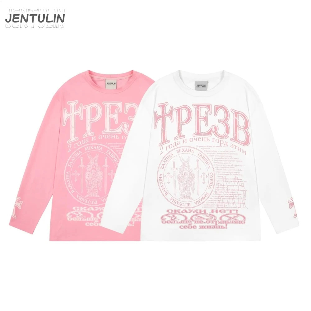 Oversized Mens Clothing Streetwear Sober Print Autumn Hip Hop Korean Long Sleeve Y2k Tops Tee Cotton Graphic Pink Tshirt Gothic 250820
