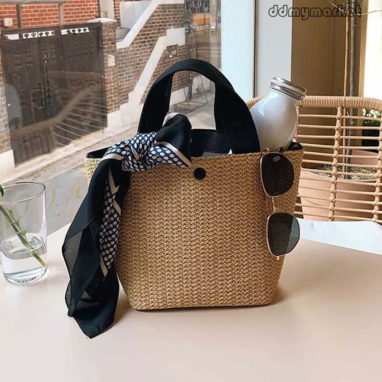 Ddmymarket 2025 New Woven Vacation Beach Photo Straw Bag Color-Block Pastoral Style Picnic Handheld Basket