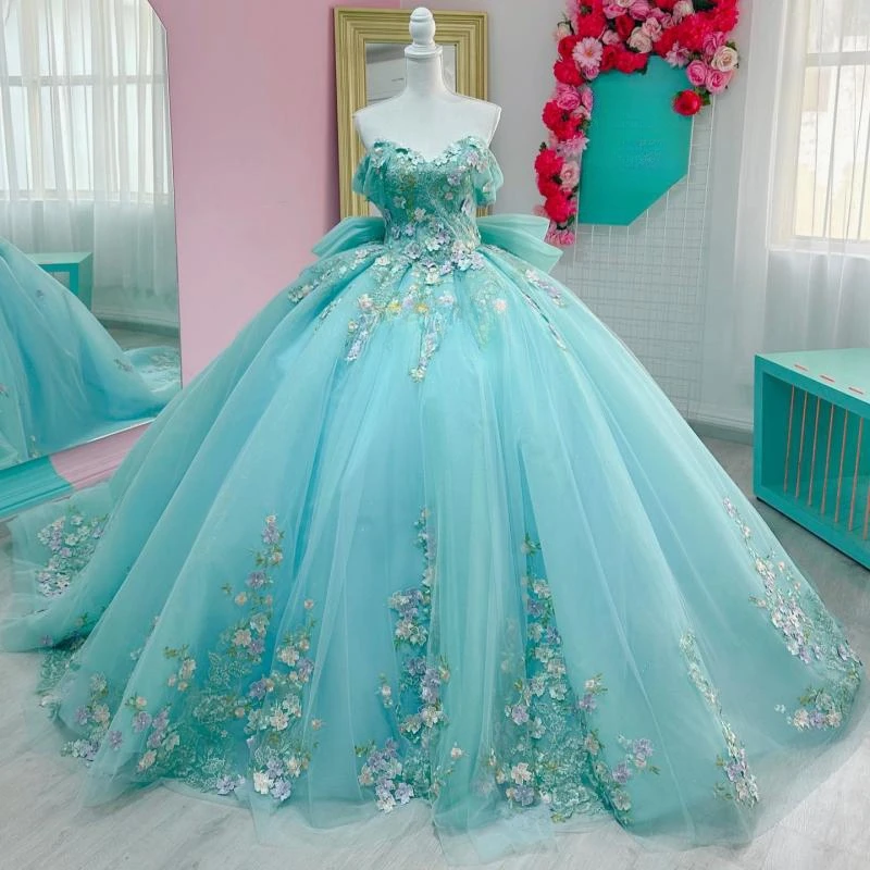 Eau bleu brillant quinceanera robes appliques en dentelle perle arc tull hors de l'épaule sweet 16 vestidos de robe de 15 anos