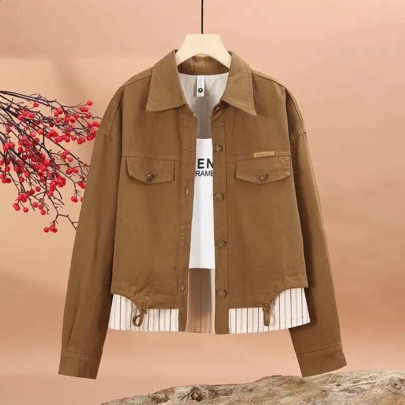 Two Pieces Womens Stitching Denim Jacket Spring Autumn Female Lapel Cowboy Outwear Ladies Leisure Korean Coat 250820