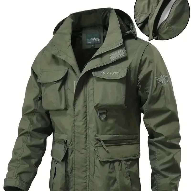 Mens Casual Waterproof Multi Bag Cargo Jacket Vest Suitable for Outdoor Activities Detachable Windproof Hooded Jacket W250821
