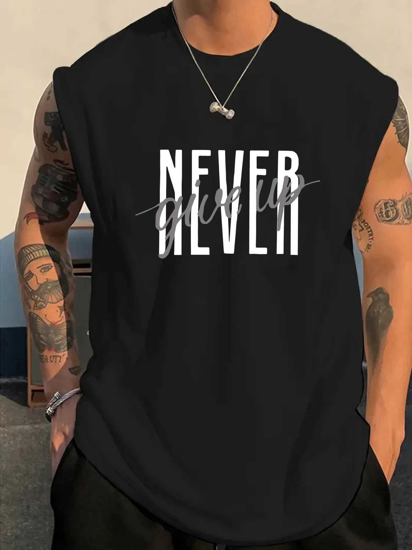 Mens Summer Casual Sports Fitness Loose NEVER Give Up Printed Comfortable Breathable Round Neck Sleeveless Vest X250821