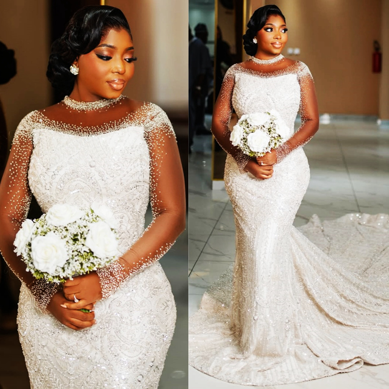 Plus Size Aso Ebi Ivory African Wedding Dress Bridal Gown For Bride Mermaid Wedding Gowns High Neck Long Sleeves Beaded Lace Rhinestones Bridal Dres