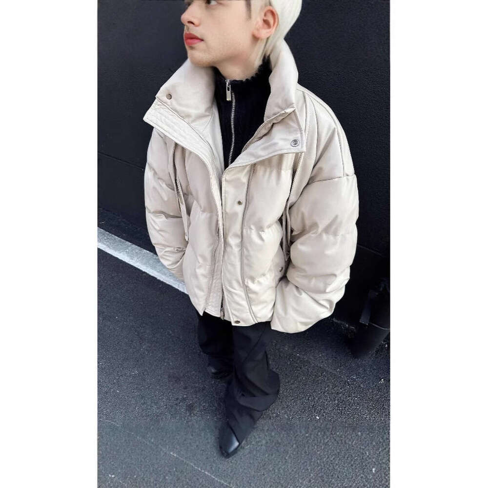 American Style Deconstructed Short PU Leather Stand Collar Men Winter Trendy Brand Thickened Warm Down Puffer Jacket Cotton Coat B5
