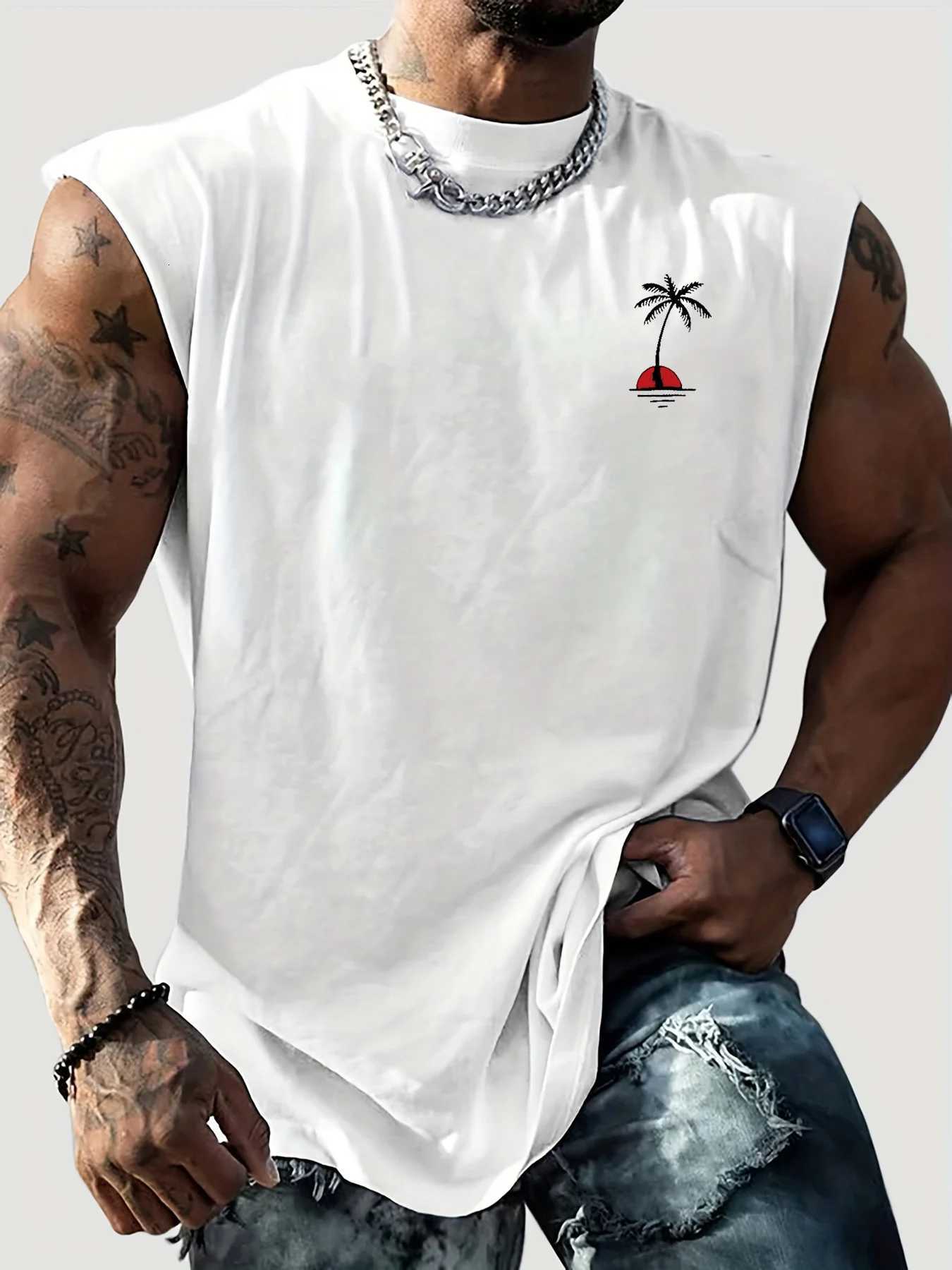 Mens Summer Leisure Sports Fitness Loose Coconut Tree Pattern Printed Comfortable Breathable Round Neck Sleeveless Tank Top X250821