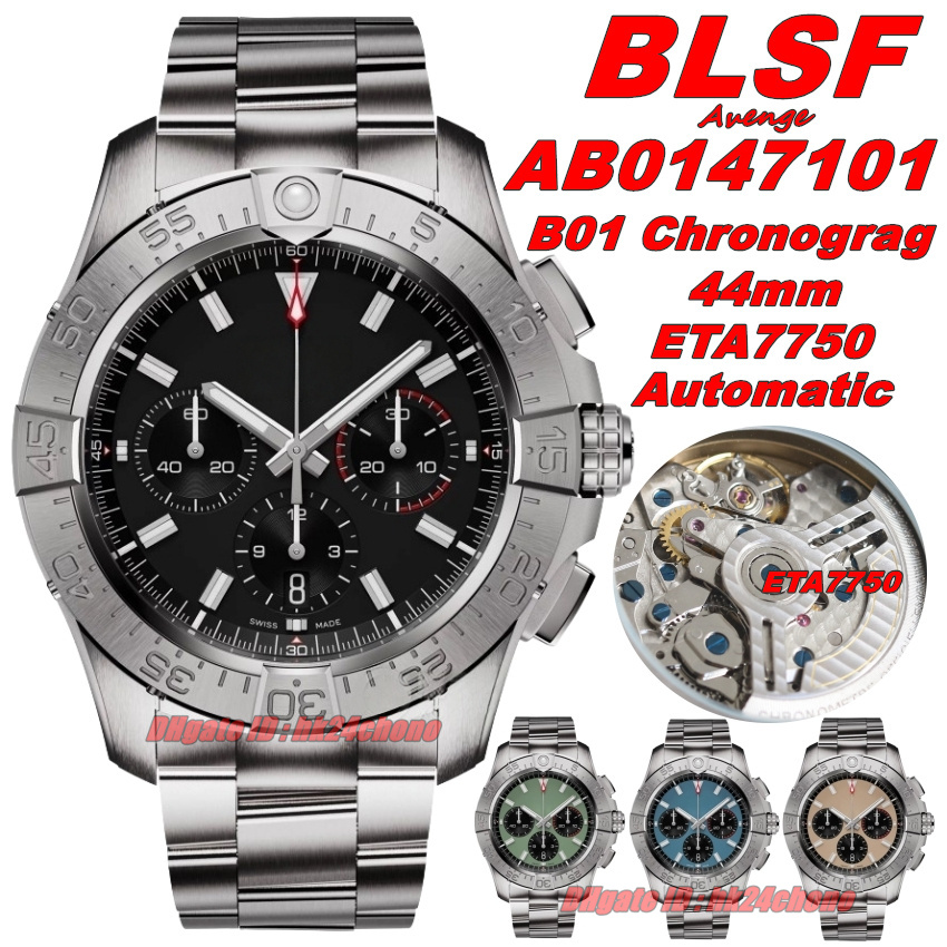 BLSF Luxury Watches 44mm B01 Chronograph Automatic ETA7750 Mens Watch Black Dial Stainless Steel Bracelet Gents Sports Wristwatches AB0147101B1A1