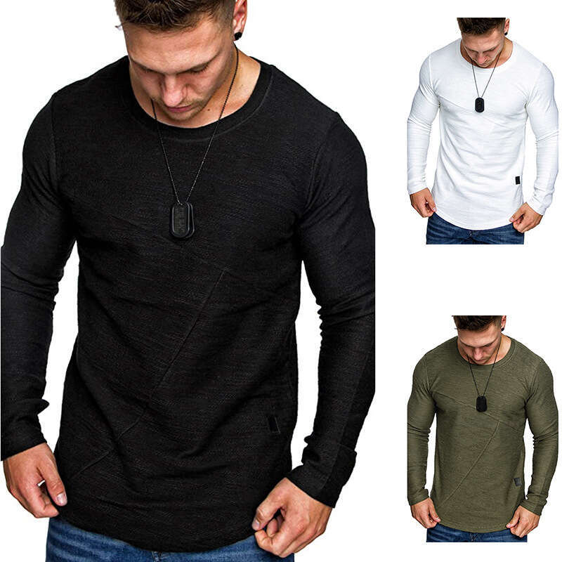 2020 Autumn And Winter New Fashion Solid Color Round Neck Slim European Size Men's Long Sleeve T-Shirt B5