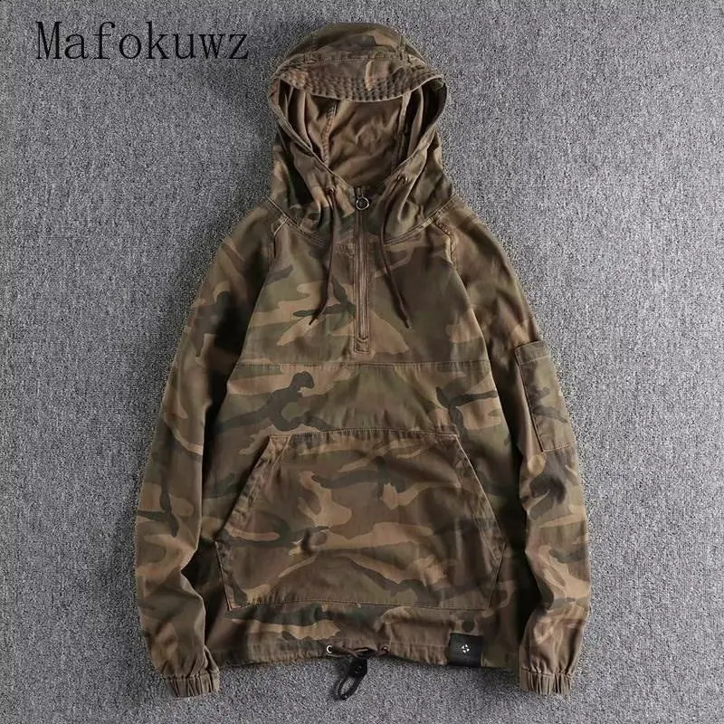 Spring Autumn Retro Hooded Zipper Multi-Pocket Workwear Camouflage Sweatshirt Mens Loose Casual High Street Personalized Tops 250819