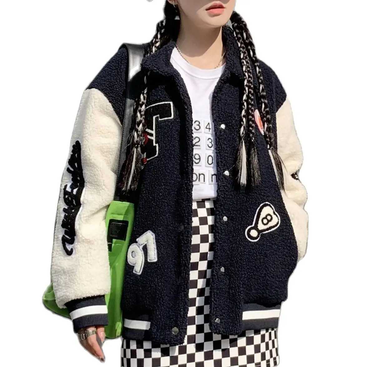 Womens Faux Fur Coat Stand Collar Teddy bear Baseball Jacket Letter Embroidery Long Sleeve Outerwears Winter Clothes Women 2025 J250816