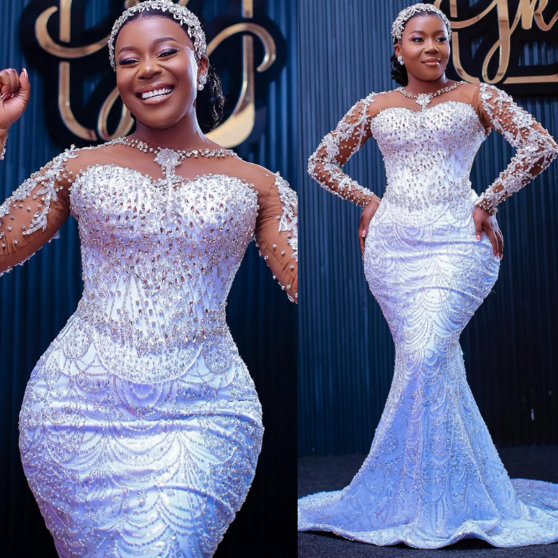 Plus Size Off White Aso Ebi African Wedding Dress Bridal Gown For Bride Mermaid Wedding Gowns Sheer Neck Long Sleeves Beaded Lace Rhinestones Bridal