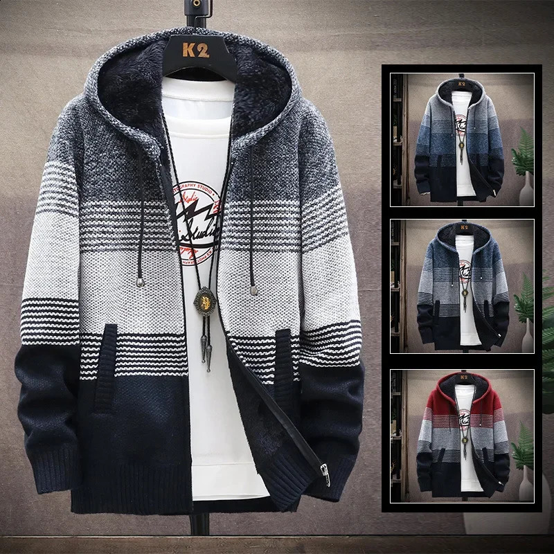 Mens Autumn/winter Hooded Knit Jacket Fleece-lined Thickened Casual Loose-fit Knitted Cardigan Outer Wear Sweater250820