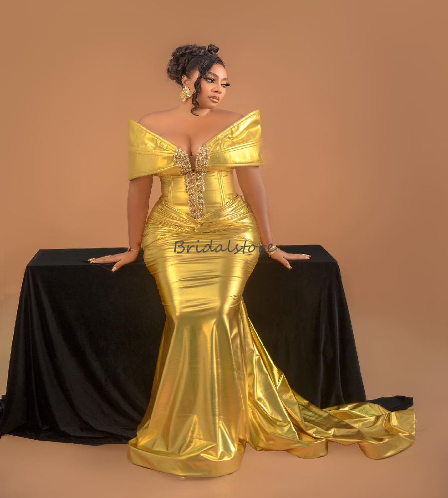Élégant Robe de bal africaine en or avec perle plus taille hors épaule Aso Ebi Robe de soirée 2025 Magnifique robe de fête d'anniversaire Black G