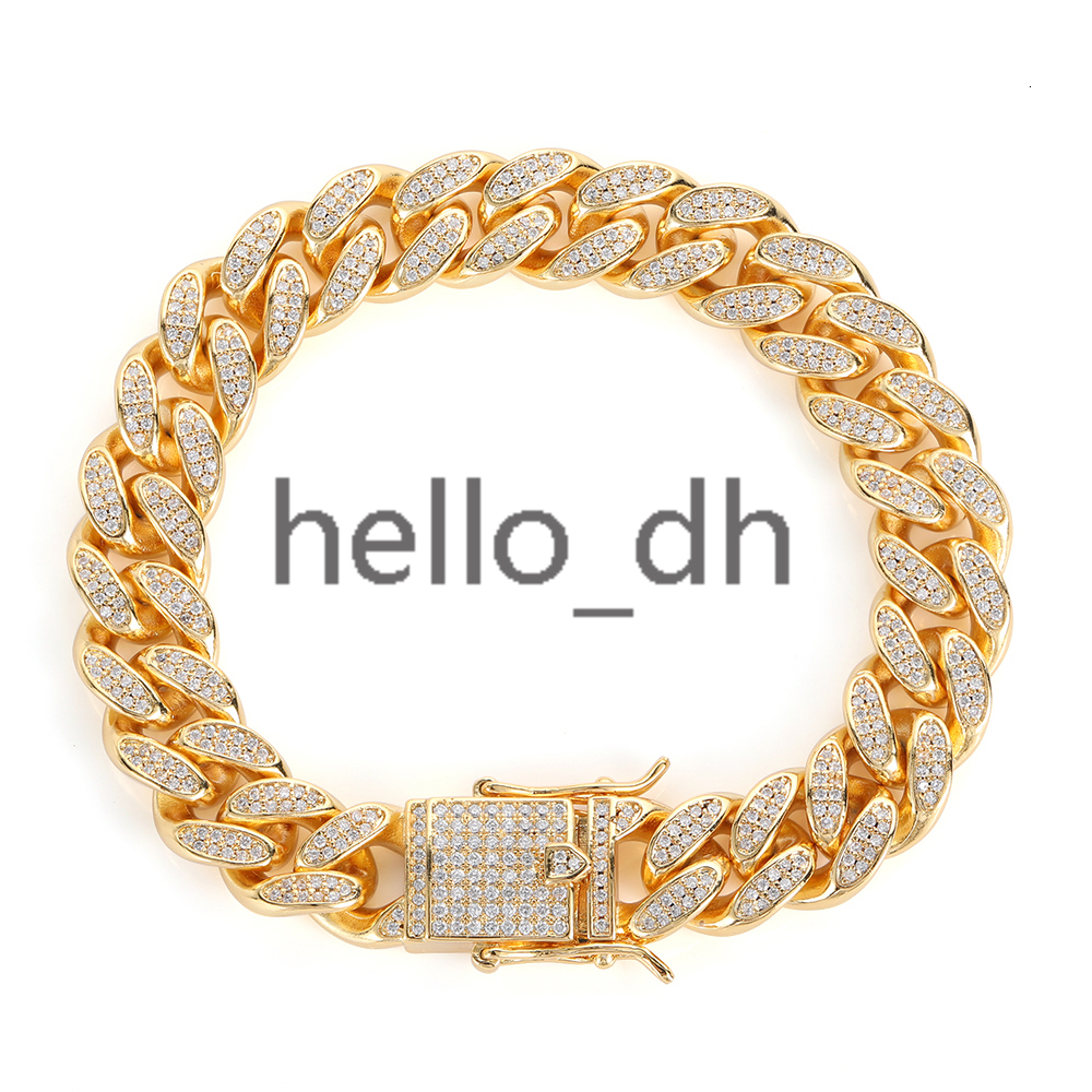 Trendy 12MM Gold Plated Cuban Chain Double Row Full Diamond Mens Hip Hop Bracelet Wholesale Fashion Jewelry