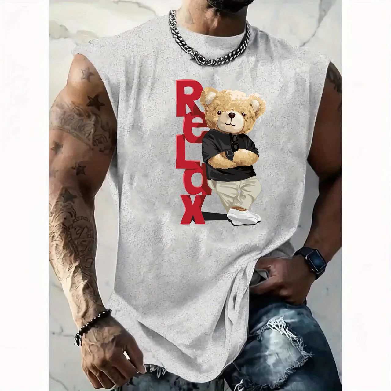 Mens Summer Casual Sports Loose RELDX Bear Print Comfortable and Breathable Round Neck Sleeveless Vest X250821