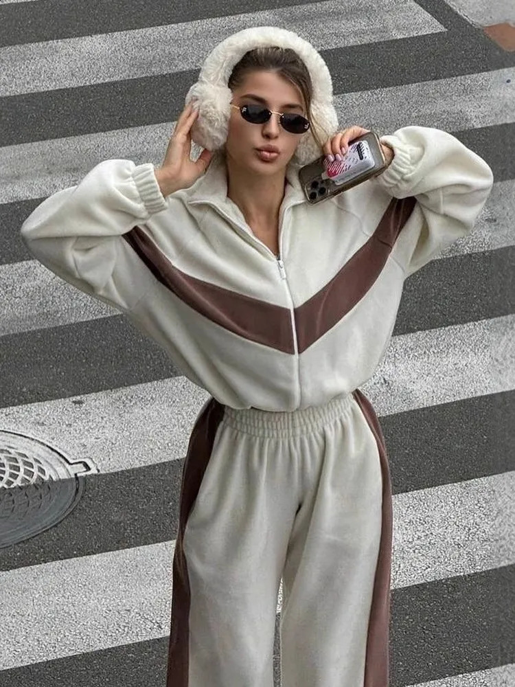 Fashion Long Sleeve Zipper Short Top Sweatpants 2-piece Set For Women Elegant Color-spelling Loose Casual Sports Suit Female 250821