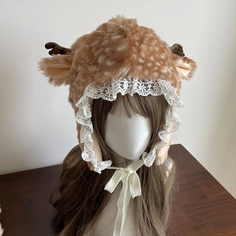 Chapeau de cerf d'hiver kawaii en dentelle en peluche renne bottes à fourrure chaussettes couvrent les jambes de plaquettes gothiques