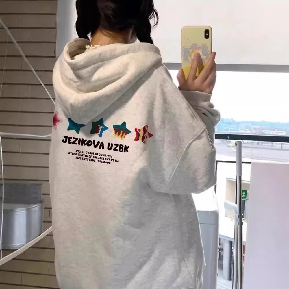 Retro American Hiphop Star Print Hoodie Womens Loose Fleece Lined Jacket Large Size Comfortable Lazy Style Outerwear 250820