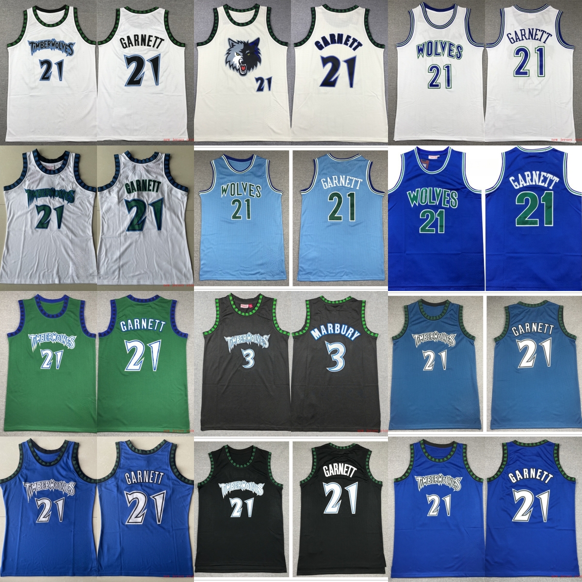 Classic Retro 1997-98 Basketball 21 Kevin Garnett Jersey Throwback Black Stitched 3 Stephon Marbury Jerseys Vintage Blue White Green Breathable S