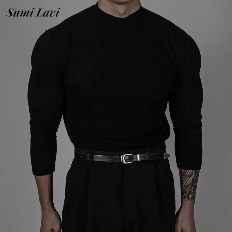 Fashionable Ribbed Solid Color Bottoming Tee Men Autumn Casual Mock Neck Long Sleeve Slim Tshirt For Mens Stylish Basic T Shirt 250820