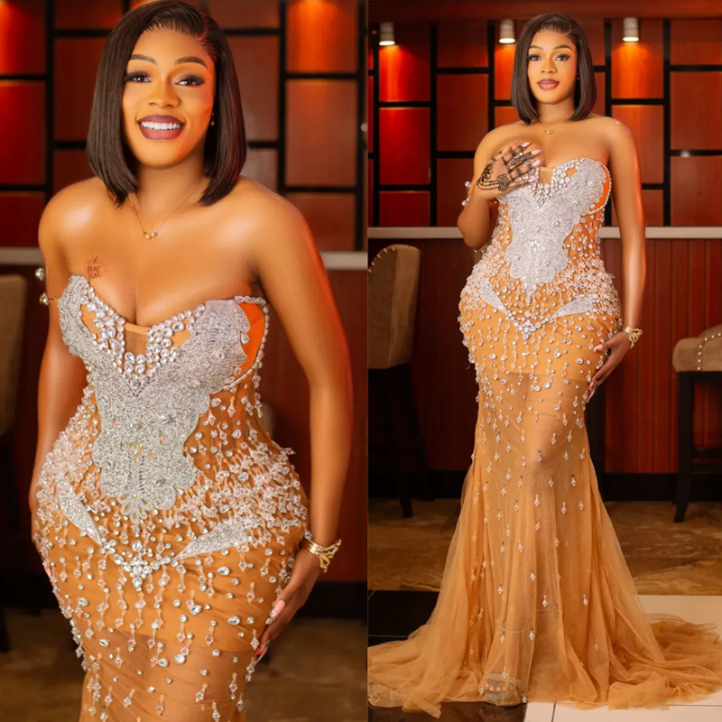Plus Size Aso Ebi Champagne Prom Dress 2025 Mermaid Formal Gowns Sweetheart Illusion Beaded Lace Robe De Mariee Crystals Birthday Second Reception G