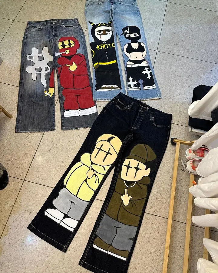 Cartoon Graphic Jeans Y2K Pants Mens Womens Gothic Harajuku Anime Cartoon Print Baggy Jeans Low Rise Wide Leg Trousers 250819