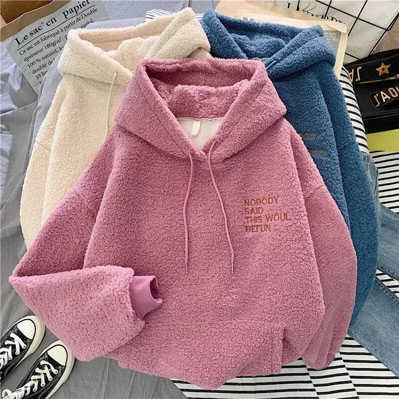 Lamb Velvet Hoodie Womens Korean Style Trendy Student Loose BF Lazy Style Autumn Winter Thickened Fleece Hat Shirt Outerwear 250820