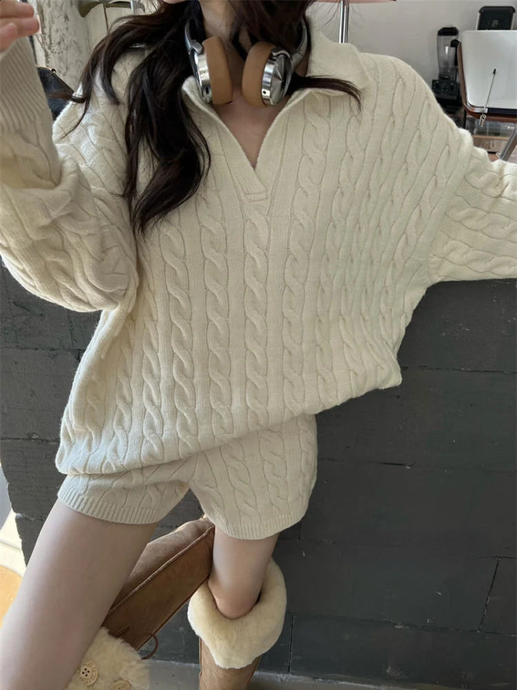 Autumn Winter Korean Style Premium Knitted 2 Piece Set Casual Loose Polo Neck Sweater Tops Y2k Shorts Pure Color Women Outfits 250821