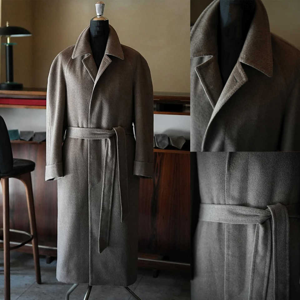 Gray Wool Mens Long Overcoat With Belt Winter Formal Business Long Jackets Groom Wear One Piece Customized