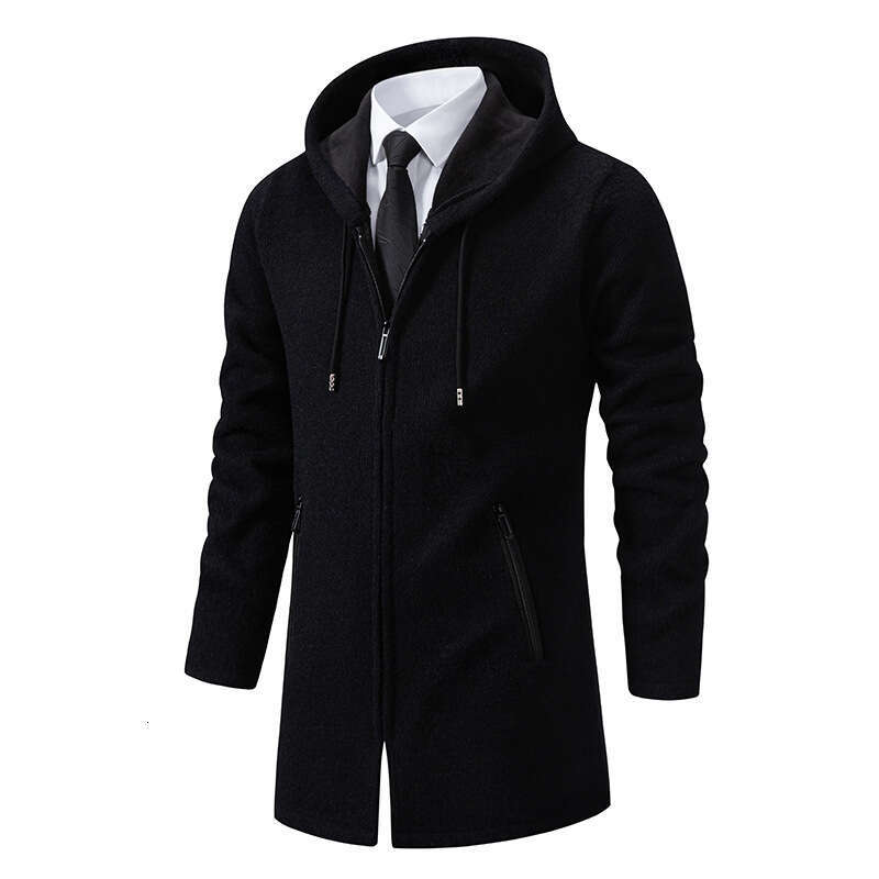 Autumn Winter New Jacket Mid-Length Coat Solid Color Fleece-Lined Hooded Knitted Sweater Men's Outerwear B5