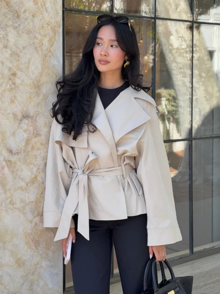 Elegant Lady Solid Lace Up Short Windbreaker Fashion Lapel Full Sleeves Pockets Coats Autumn Chic Female Street Commute Jacket 250819