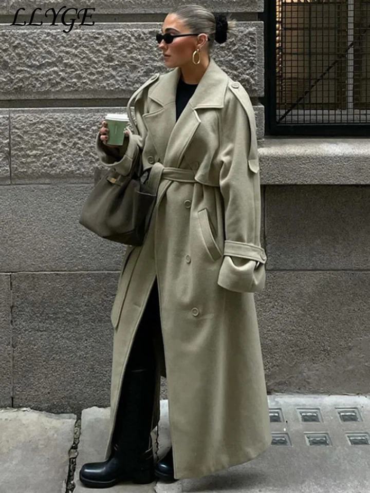 Elegant Womens Woolen Overcoat With Belt Street Lapel Double Breasted Full Sleeve Long Coat Autumn Lady Loose Outwear 250820