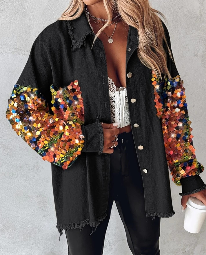 Womens Jacket Fashionable Autumn and Winter Contrast Sequin Long Sleeve Jacket Top Button Front Raw Hem Loose Fit Shacket 250820