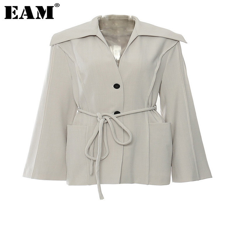 EAM Women Gray Belted Pocket Elegant Big Size Blazer Vneck Long Sleeve Jacket Fashion Spring Autumn 1DH7640 w250820