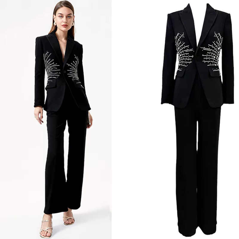 Femmes élégantes personnalisées Blazers 2 pièces Pantalons Pantalons Single Bouton Crystals à manches longues Bureau des femmes