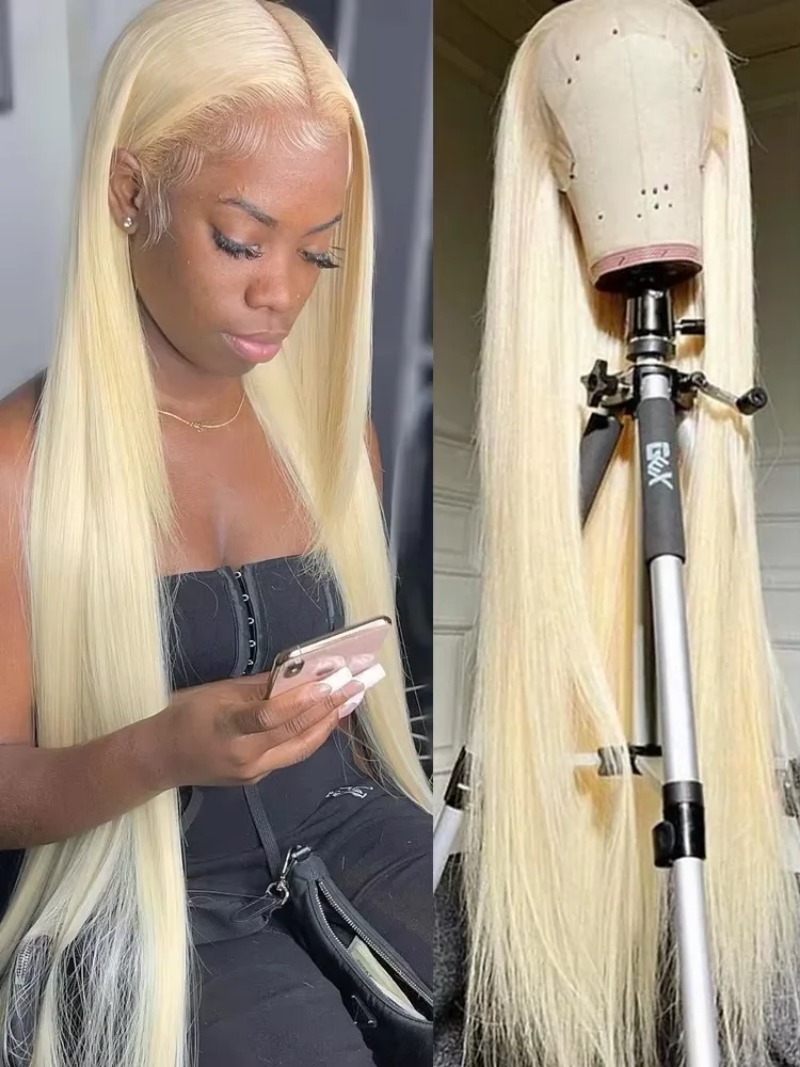 300% densité droite 613 Blonde blonde 13x6 en dentelle perruque avant de cheveux humains brésiliens transparents transparents HD perruques de den