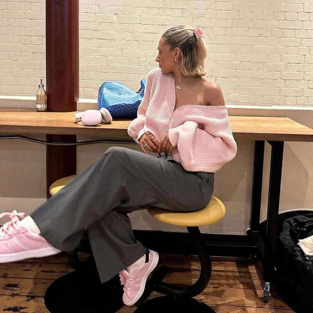 Autumn Winter Women's Knitted Cardigan Y2k Pink Sexy Hot Girl Threaded Solid Color Loose Short Sweater B5
