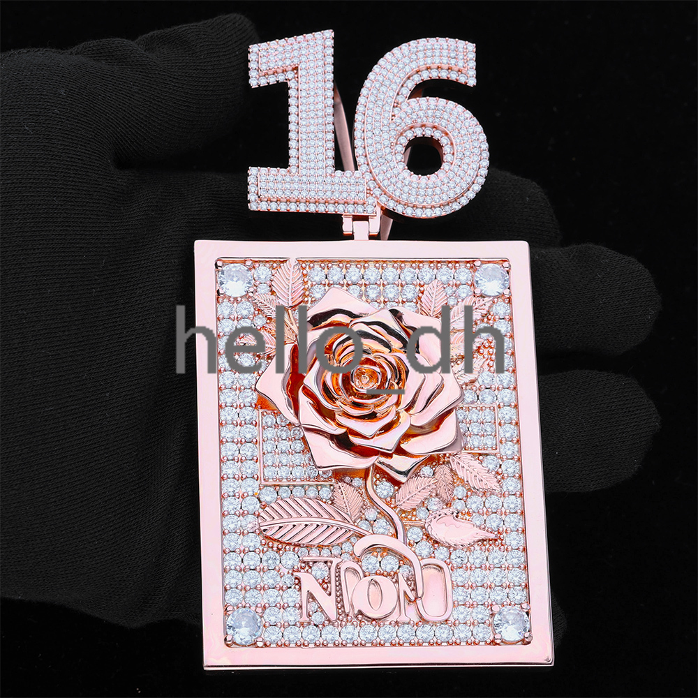 Hip Hop Mens Custom 3d Picture Rectangular Pendant Fashion Jewelry Iced Out moissanite Diamond Rose Charm Pendant for Women