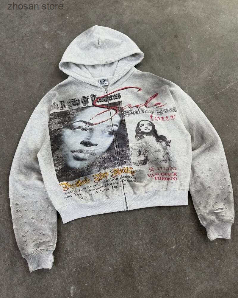 2025 Y2k American Haruku Retro Cartoon Printed Sweatshirt Men Casual Loose Hip Hop Oversized Zipper Hoodie Women S250821
