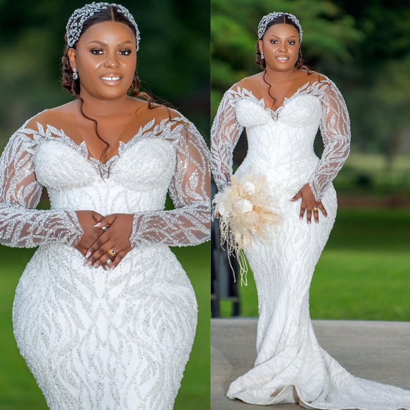 Plus Size Aso Ebi Ivory African Wedding Dress Bridal Gown For Bride Mermaid Wedding Gowns V Neck Long Sleeves Tiers Beaded Lace Rhinestones Bridal D