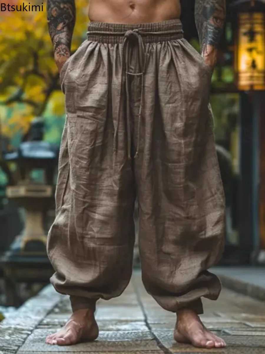 Vintage coton lin mens pantalon de jambe large printemps d'été.