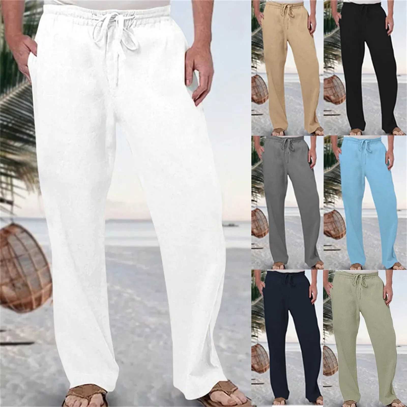 Mens Fashion Casual Pants Solid Color Breathable Cotton Linen Elastic Waist Straight Pants With Pockets Large Size White Pants XJ250821