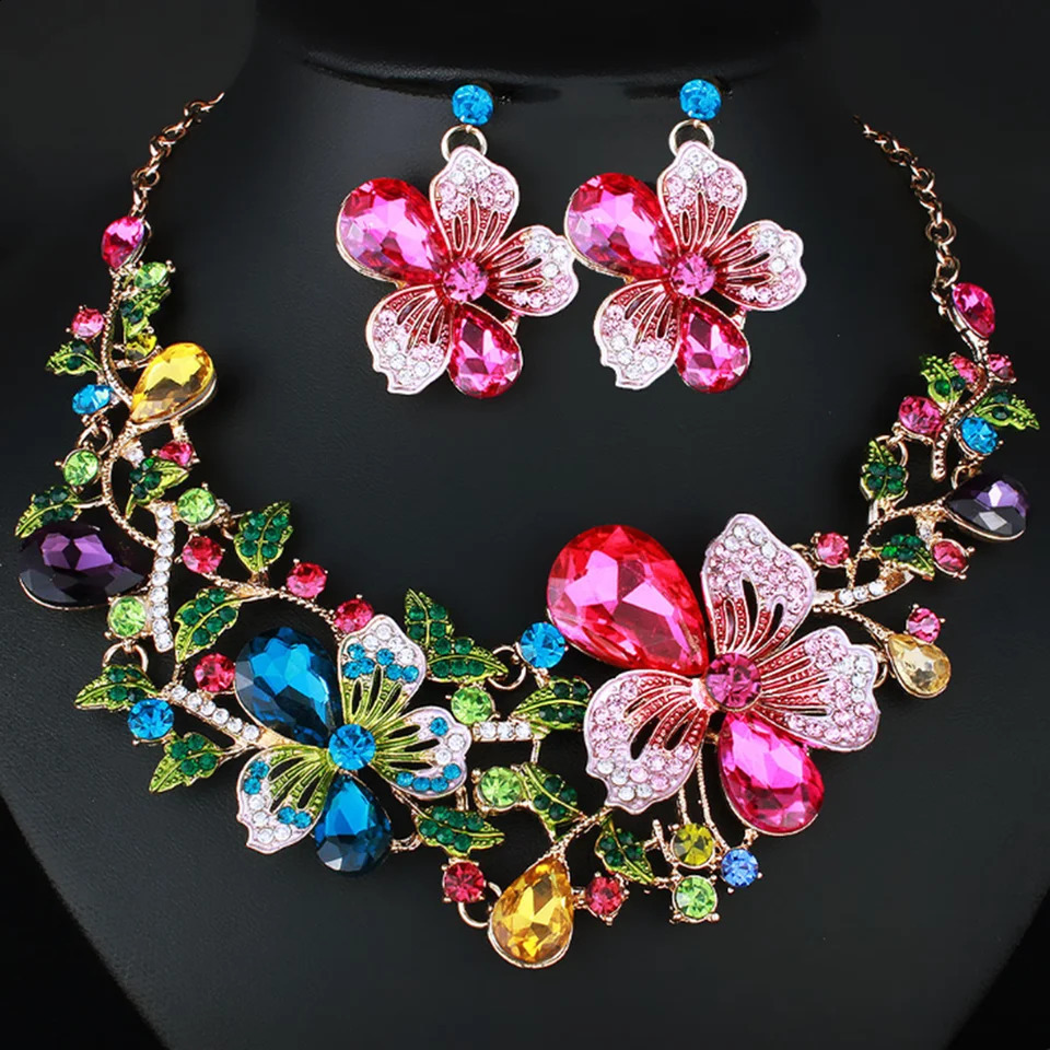 Fashion Bauhinia fleurs bijoux en cristal Ensemble de boucles d'oreilles multicolores avec collier assorti Collier de mariage Femmes bijoux 25081